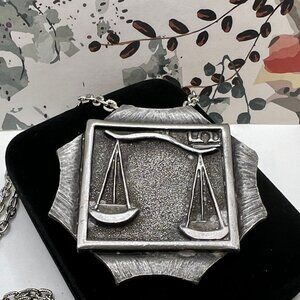 Luca Razza Libra Zodiac Pewter Plaque 1970's Necklace